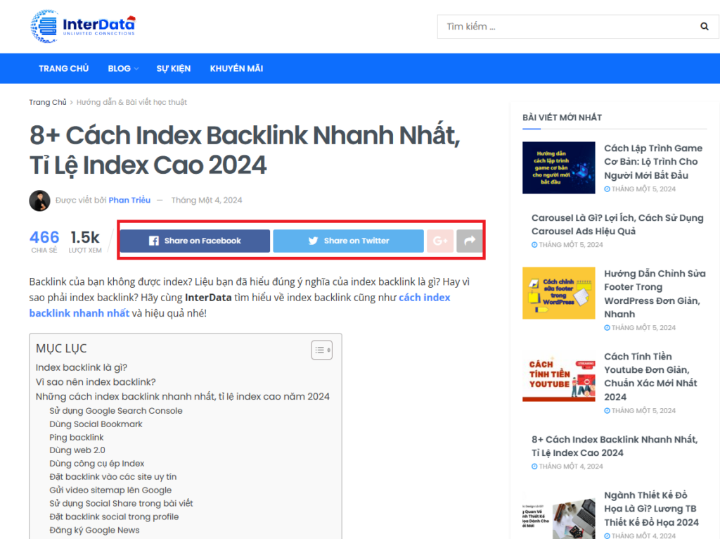 Cách index backlink nhanh nhất bằng cách thêm nút social trong bài viết