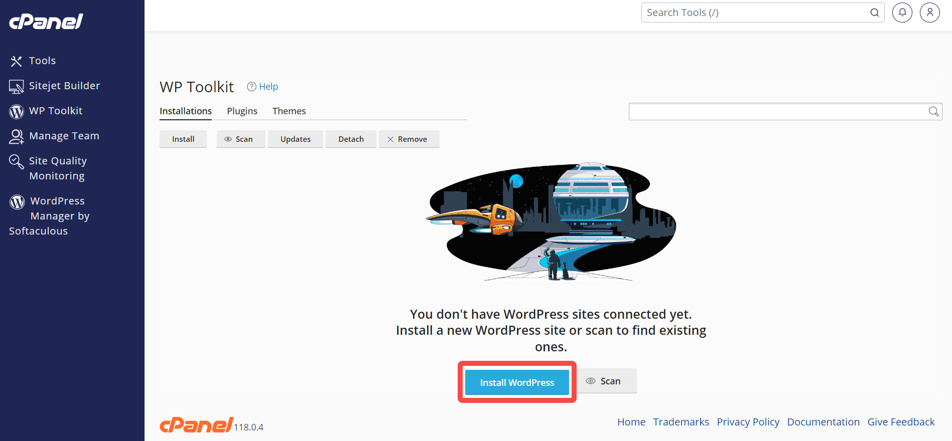 Chọn Install WordPress để cài đặt WP Toolkit