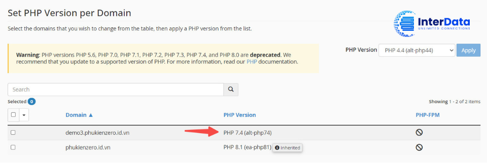 Đã thay đổi phiên bản PHP thành công