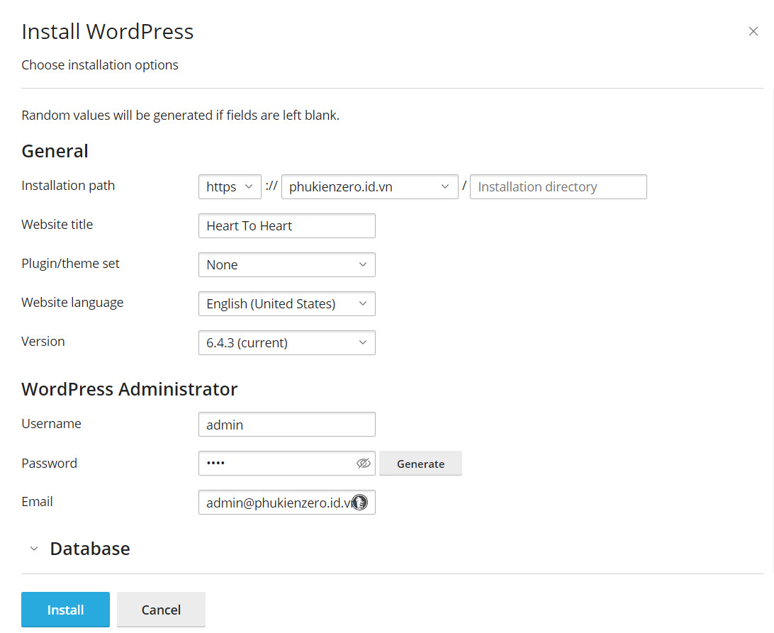 Nhập đầy đủ thông tin ở mục General và WordPress Administrator