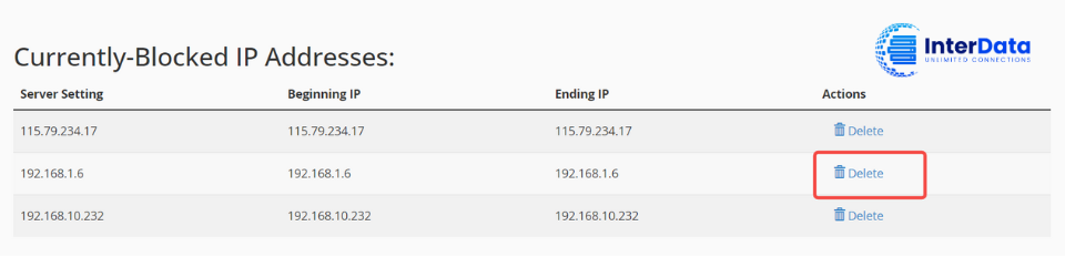 Ấn chọn vào Delete để gỡ Block IP