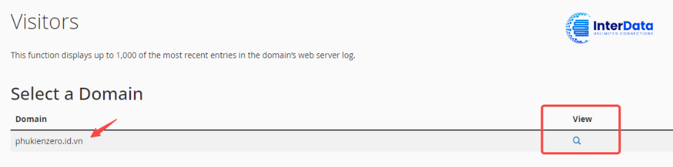 Click vào biểu tượng tìm kiểm ở dòng domain bạn muốn xem
