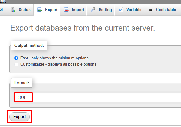 chọn Format SQL và Export