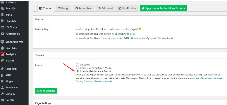Top 8+ Plugin bảo trì Wordpress chất lượng, hiệu quả nên cài 11 chọn Enable Maintenance Mode và nhấn Save all changes