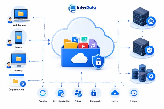 Cloud Storage (lưu trữ đám mây) là gì? Cơ chế hoạt động, lợi ích, phân loại và 7 tiêu chí lựa chọn 2 Sơ đồ nguyên lý hoạt động của Cloud Storage