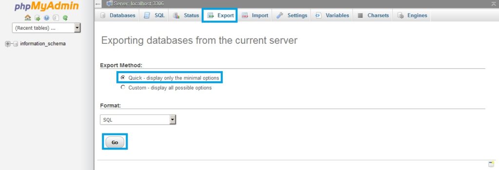 backup database trong phpMyAdmin