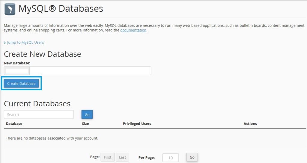 click chọn Create Database