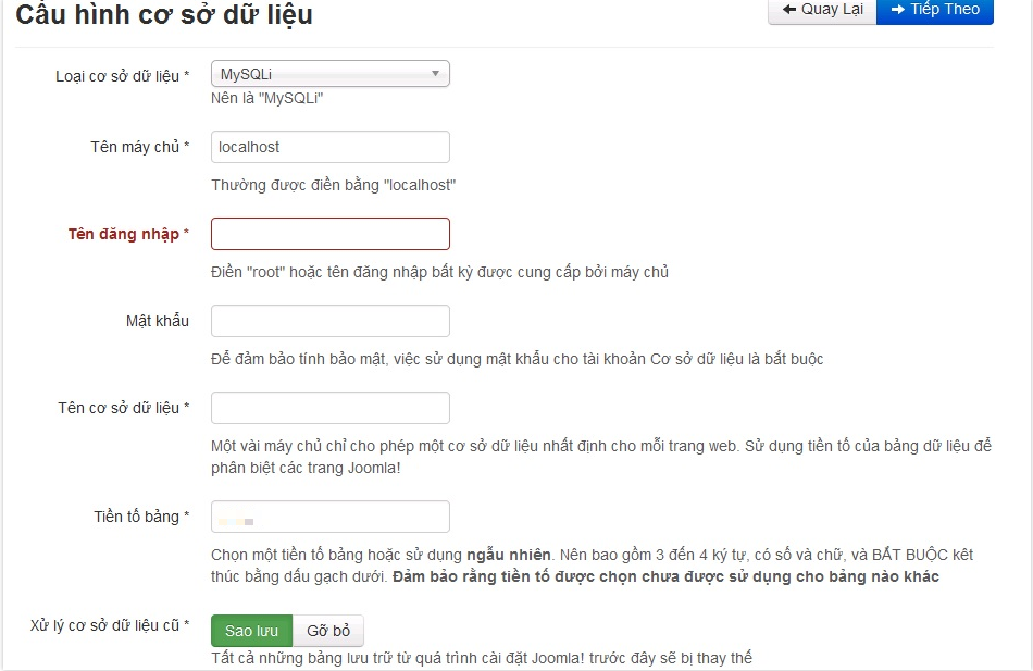 khai báo các giá trị theo yêu cầu của Joomla