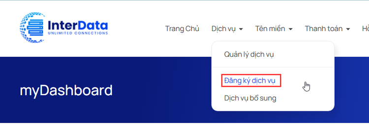 Chọn đăng ký dịch vụ trên Menu