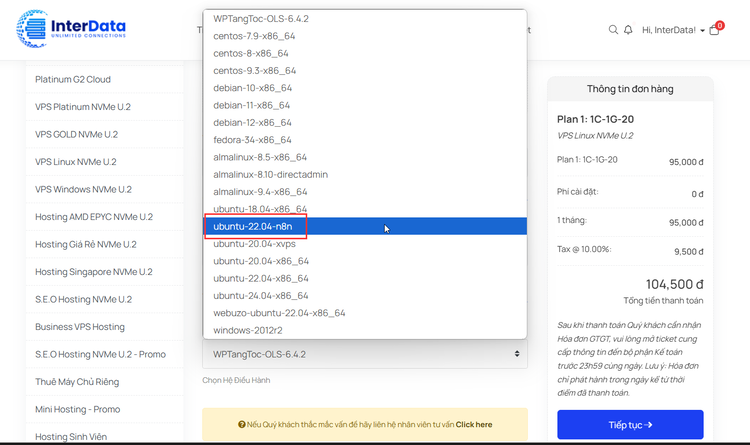 Chọn temp OS ubuntu n8n