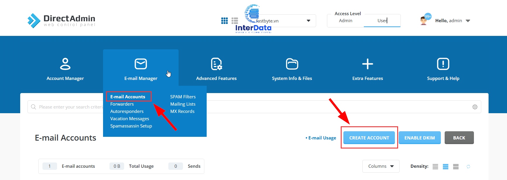 Tạo email trên directadmin B1
