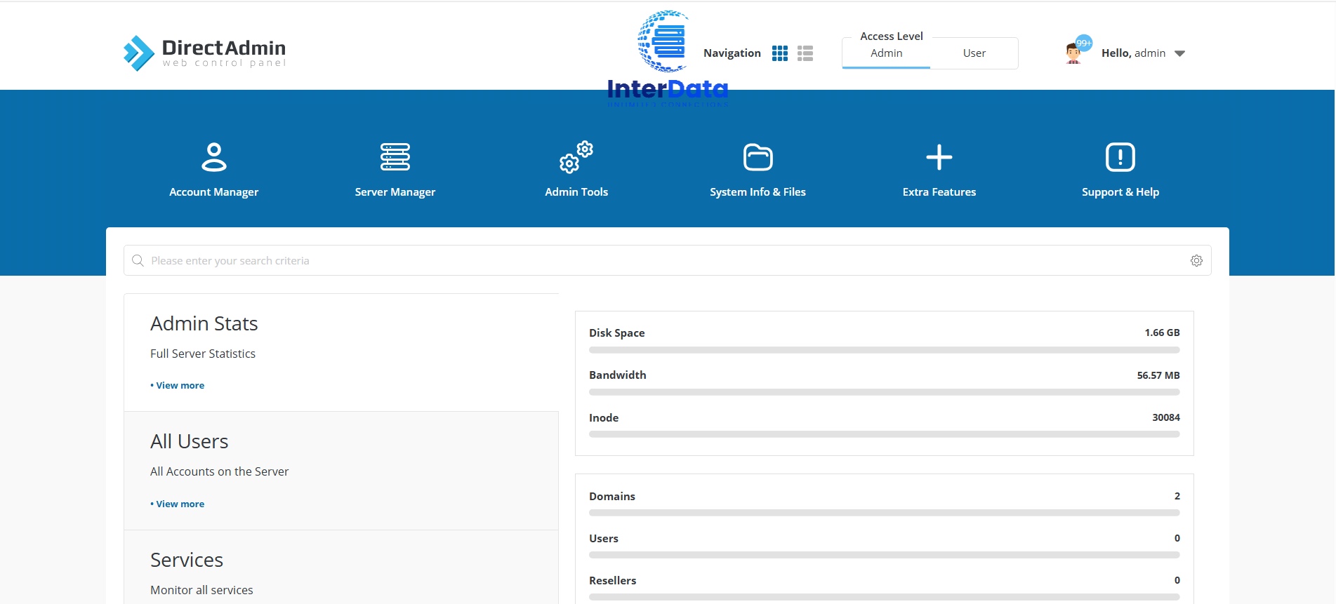 directadmin interface