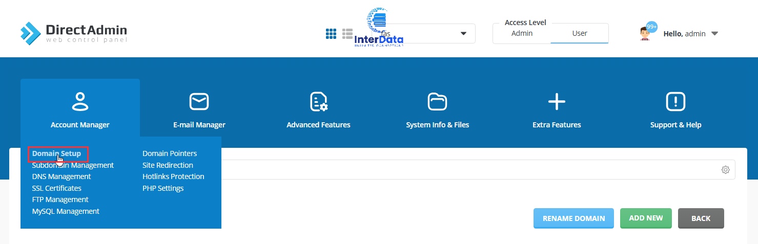 domain setup trên directadmin