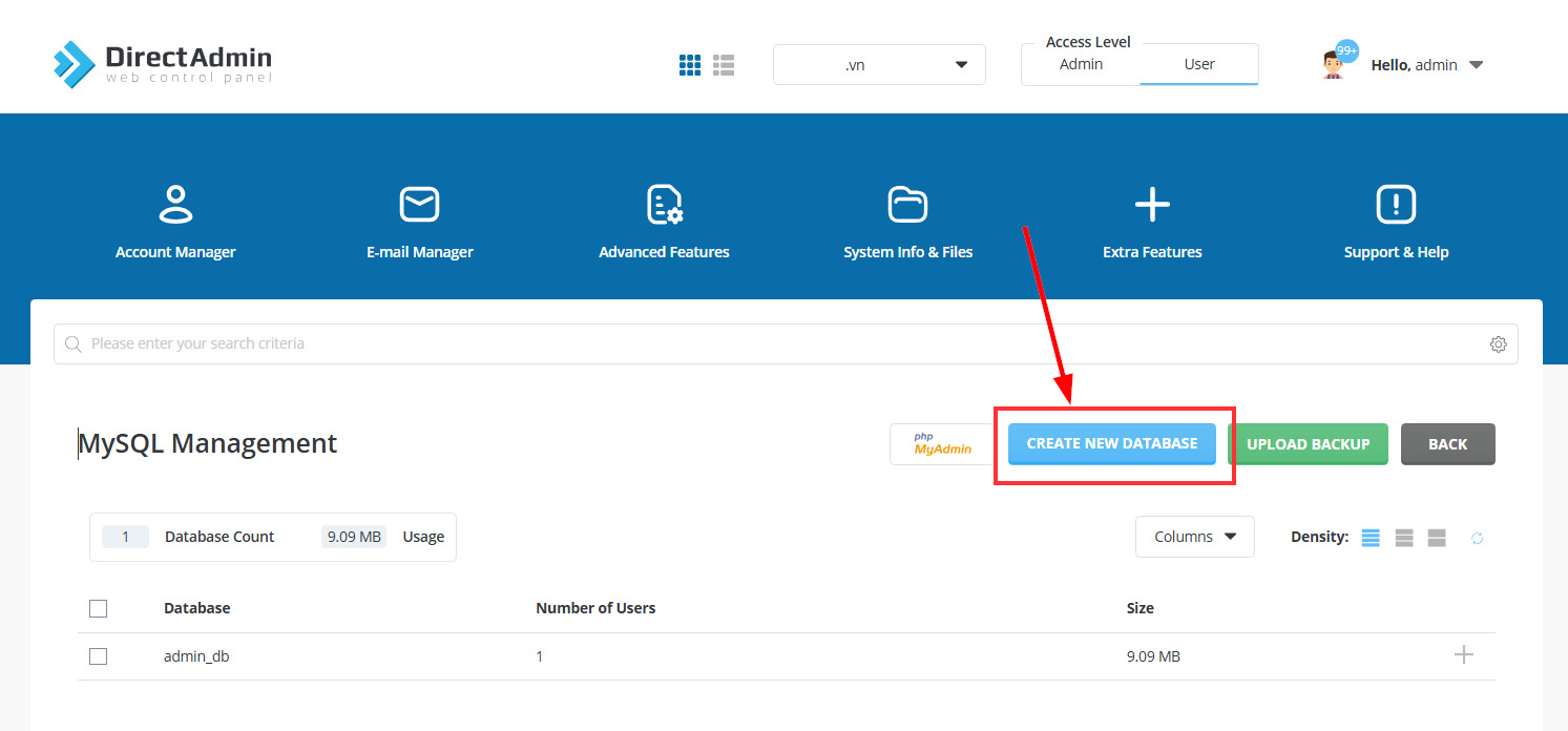 4 Bước Tạo Database trên DirectAdmin nhanh, chi tiết, dễ làm 6 Chọn Create New Database