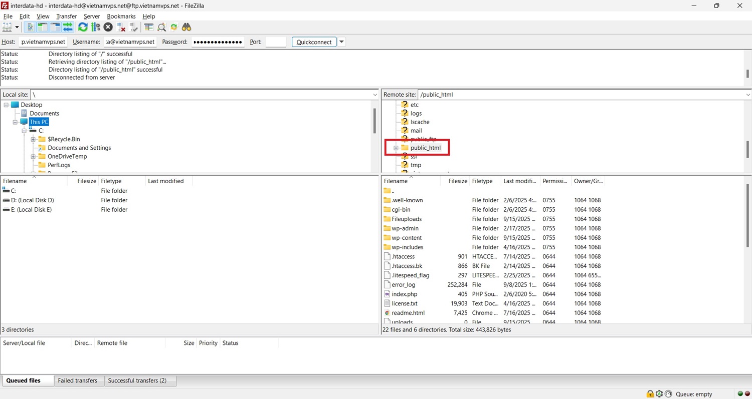 Chọn public_html trong filezilla