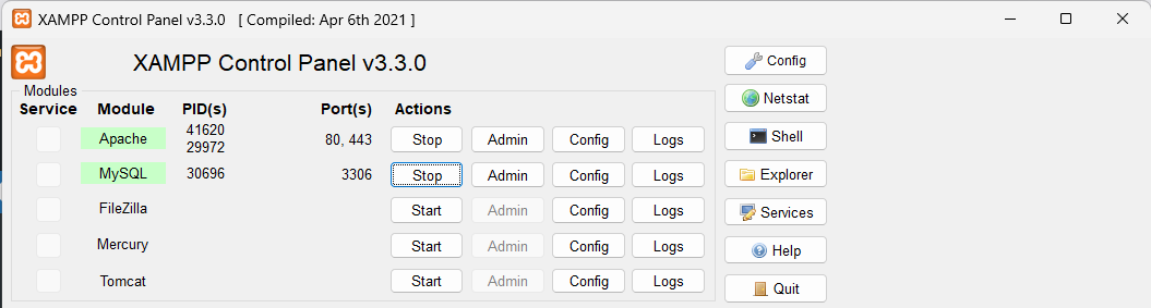 XAMPP control panel