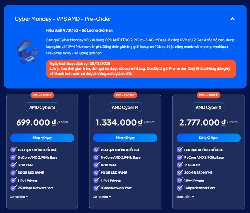 Bảng giá Pre-Order VPS AMD InterData