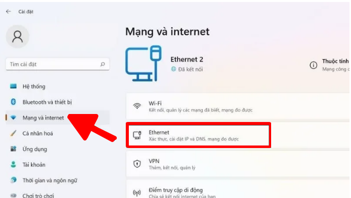 Chọn vào Ethernet