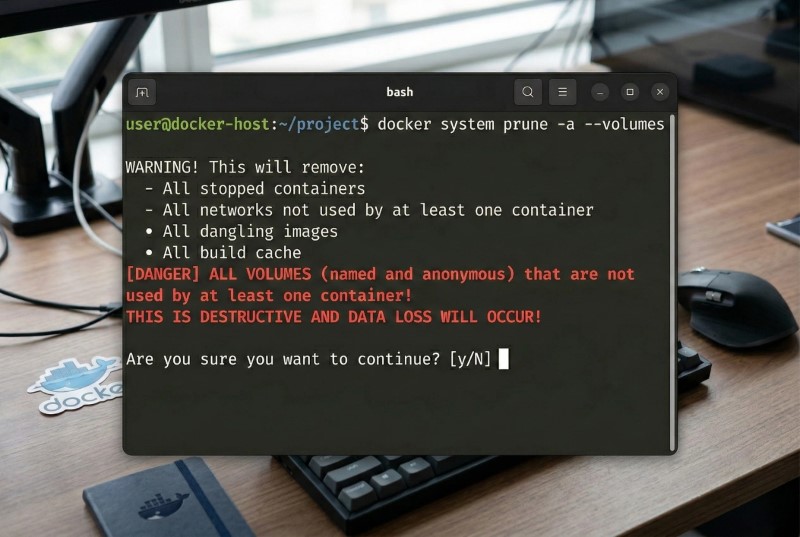 Cách Xử Lý Lỗi VPS Bị Full Disk Đơn Giản, Nhanh Chóng (2026) 4 Cảnh báo xóa dữ liệu khi dùng lệnh dọn rác docker system prune volumes
