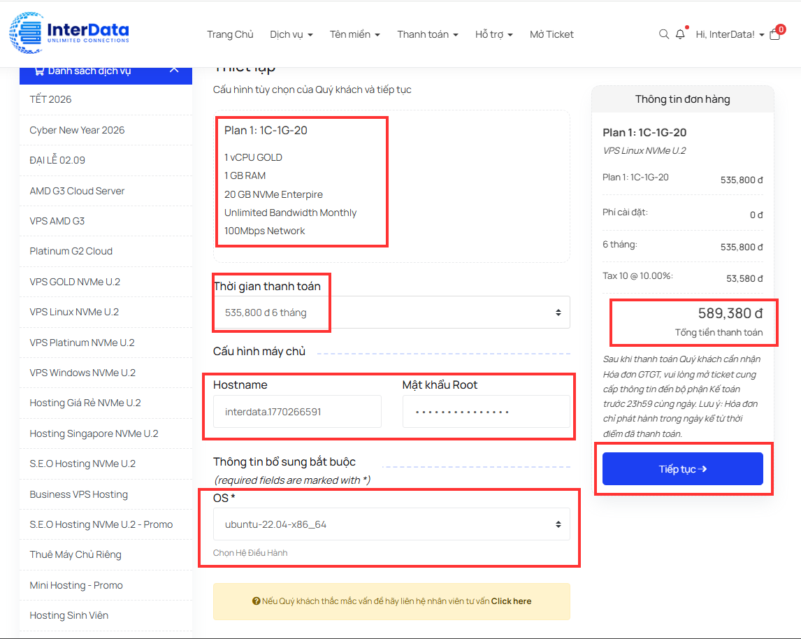 Hướng Dẫn Đăng Ký VPS InterData: Chi Tiết Từng Bước Từ A-Z 2 Giao diện cấu hình thông số kỹ thuật cho VPS