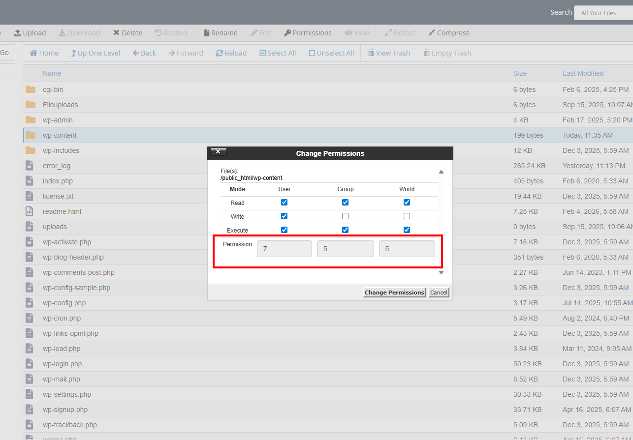Hướng Dẫn Xử Lý Mã Độc Website WordPress: Chi Tiết Từng Bước 12 Cấu hình phân quyền file