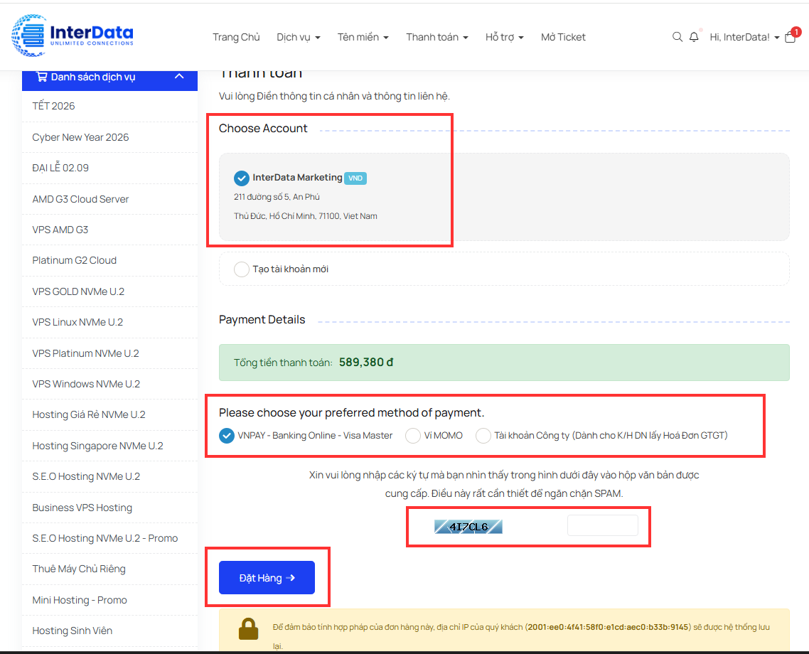 Hướng Dẫn Đăng Ký VPS InterData: Chi Tiết Từng Bước Từ A-Z 4 Chọn phương thức thanh toán & Quét mã