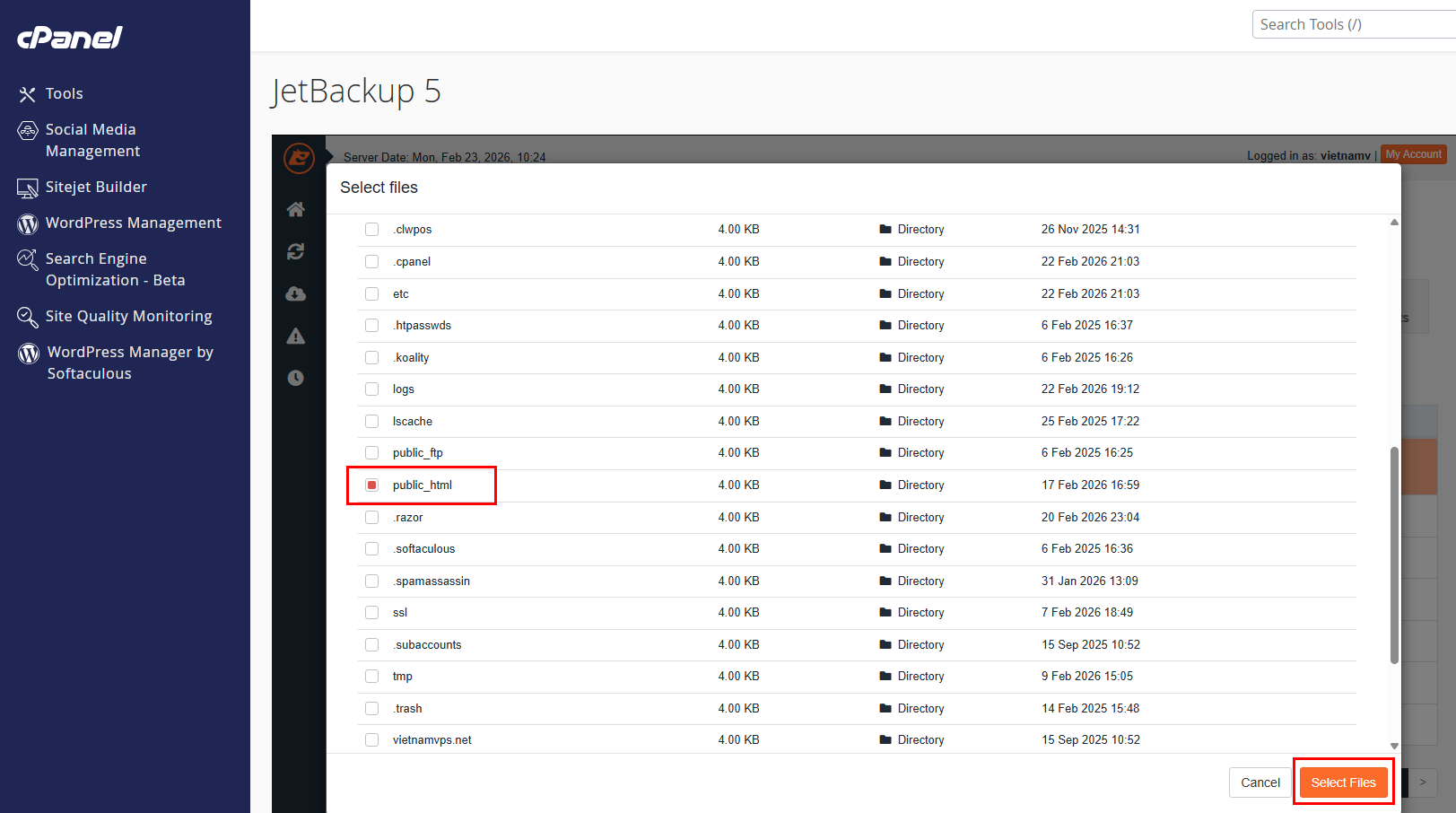 Chọn thư mục cần khôi phục trên JetBackup5