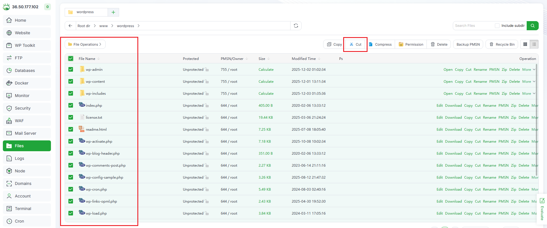 Hướng dẫn cài đặt WordPress trên aaPanel: One-Click Deploy 8 Cut mã nguồn WordPress sang thư mục gốc trên aaPanel