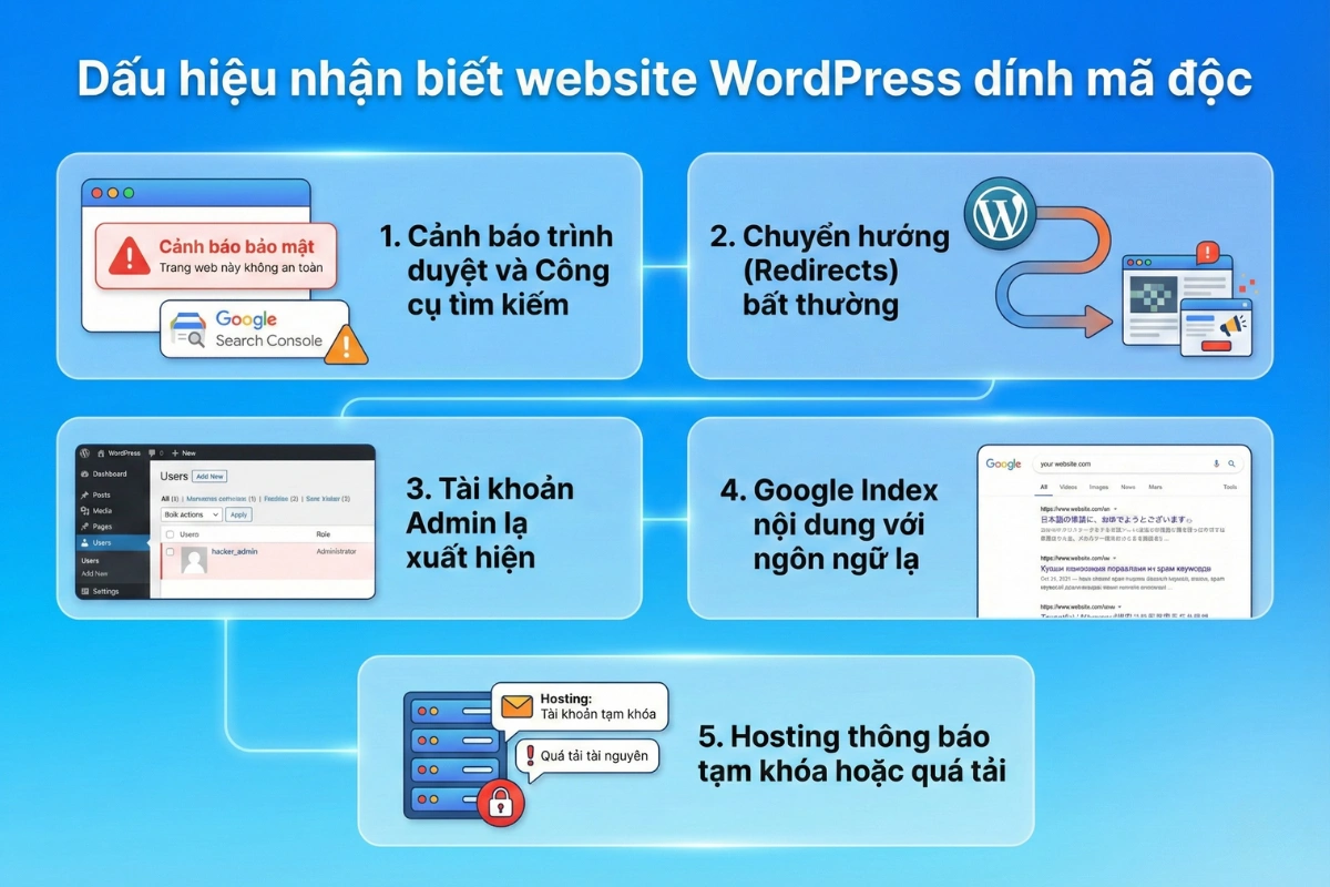 Hướng Dẫn Xử Lý Mã Độc Website WordPress: Chi Tiết Từng Bước 1 Dấu hiệu nhận biết website WordPress dính mã độc