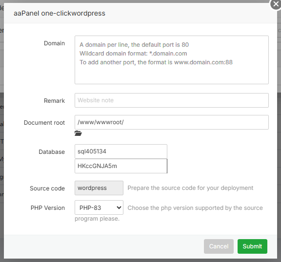Hướng dẫn cài đặt WordPress trên aaPanel: One-Click Deploy 4 Điền thông tin khởi tạo Website WordPress trên aaPanel