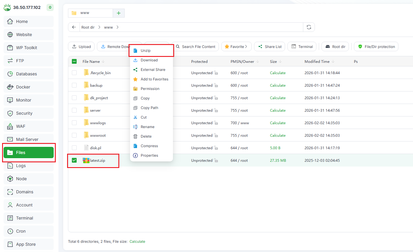 Hướng dẫn cài đặt WordPress trên aaPanel: One-Click Deploy 7 Giải nén file WordPress trên aaPanel
