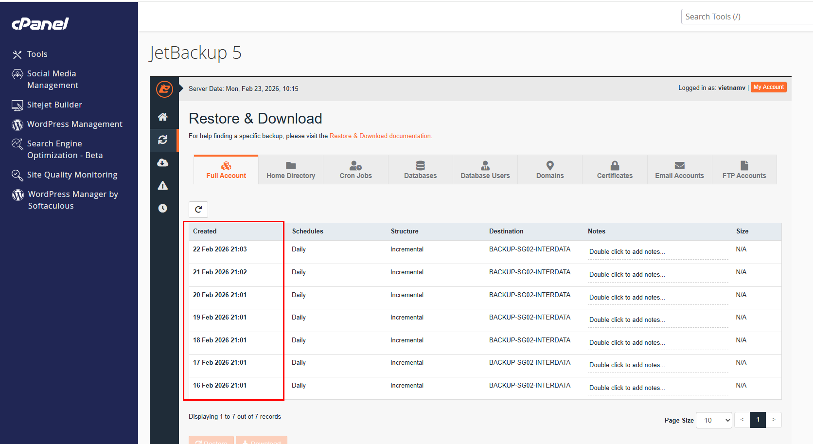 Hình ảnh danh sách các bản sao lưu trên JetBackup5