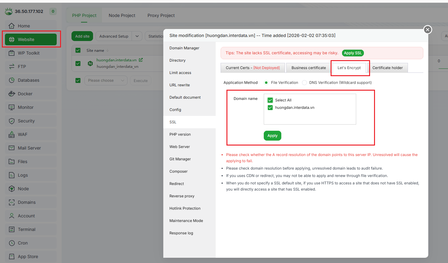 Hướng dẫn cài đặt WordPress trên aaPanel: One-Click Deploy 12 Kích hoạt SSL miễn phí trên aaPanel