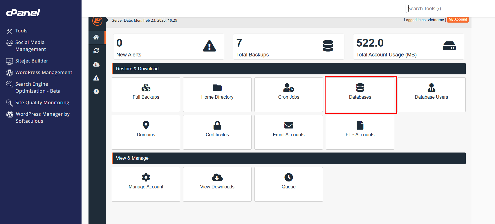Nhấp chọn Databases trên JetBackup5