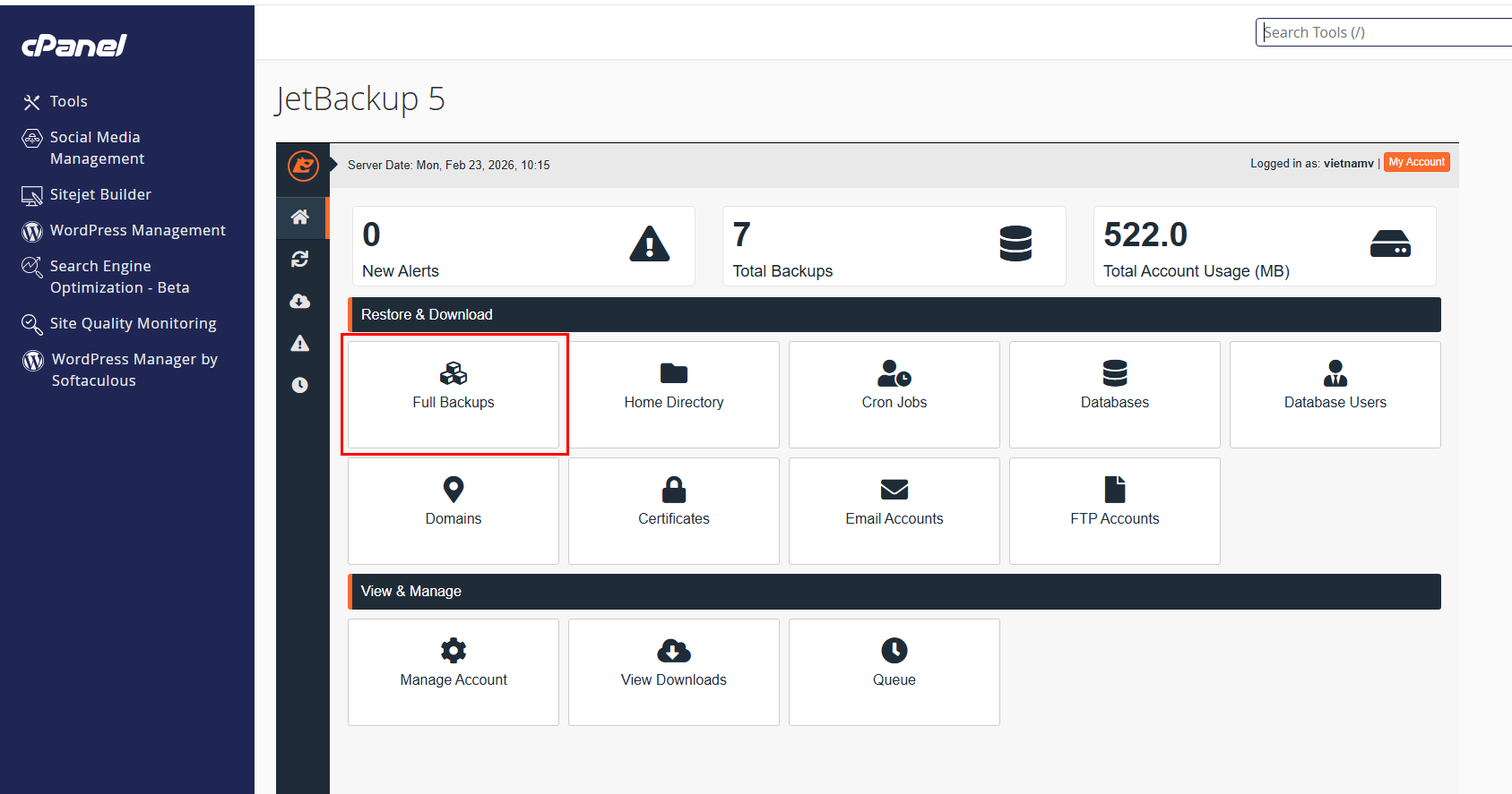 Nhấp chọn Full Backup trên JetBackup5