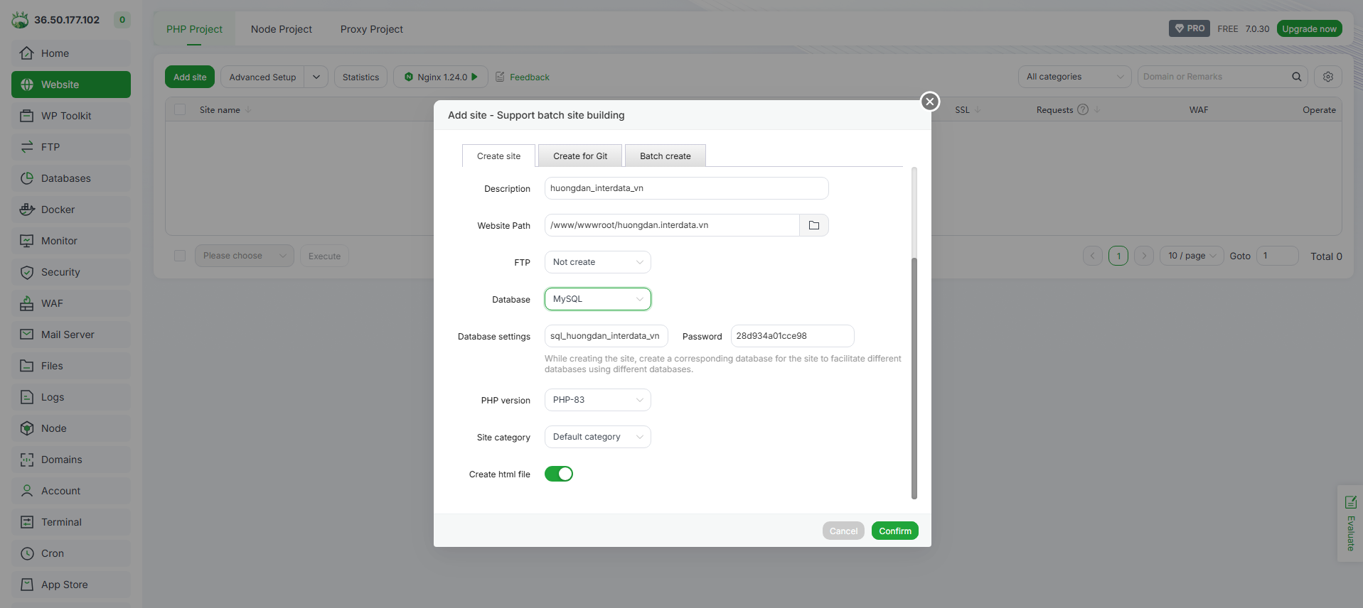Hướng dẫn cài đặt WordPress trên aaPanel: One-Click Deploy 5 Tạo Website và Database trên aaPanel