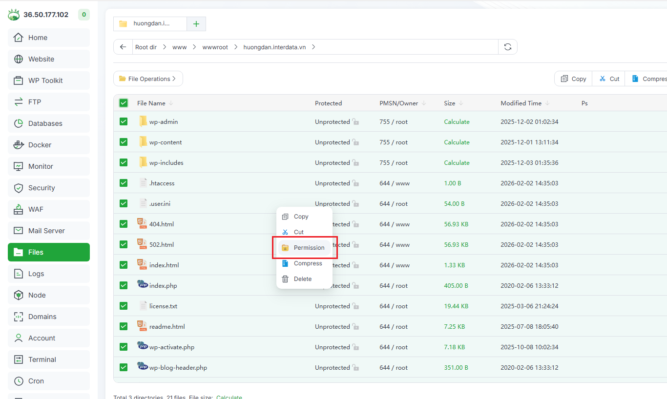 Hướng dẫn cài đặt WordPress trên aaPanel: One-Click Deploy 10 Thiết lập quyền sở hữu