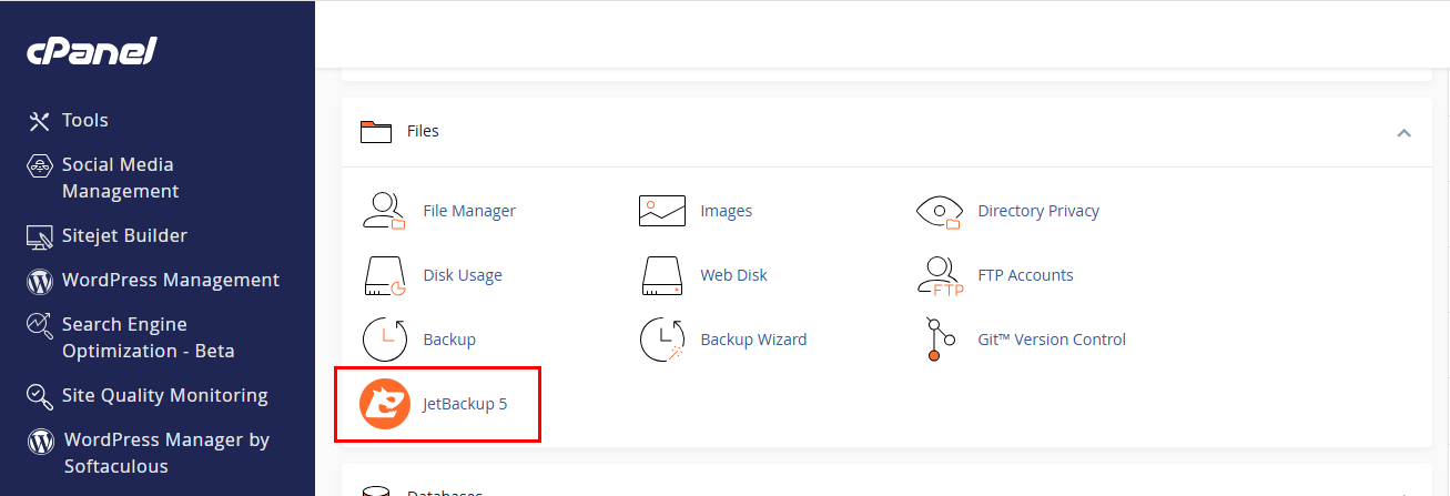 Tìm và mở JetBackup5 trên cPanel