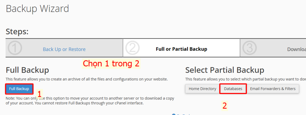 Chọn 1 trong 2 dữ liệu muốn backup