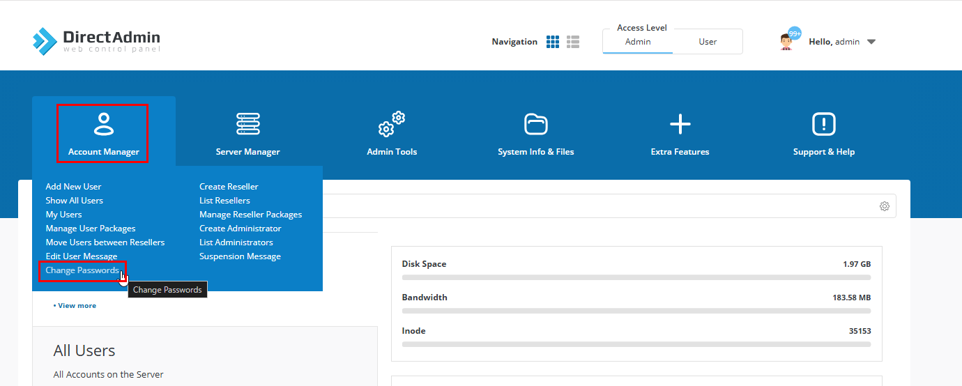 Chọn Change Password trong mục Account Manager