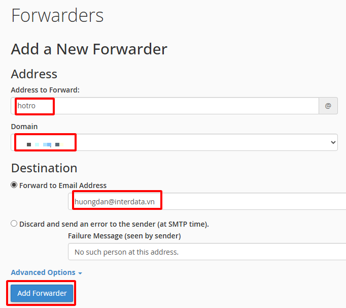 Hướng dẫn các bước tạo Email Forwarder cPanel nhanh, chi tiết 4 Điền thông tin cần thiết