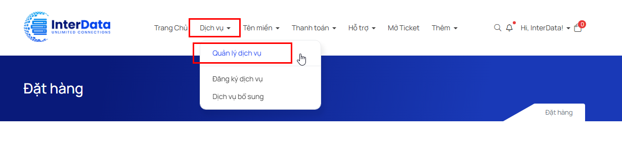 Điều hướng đến menu Quản lý dịch vụ