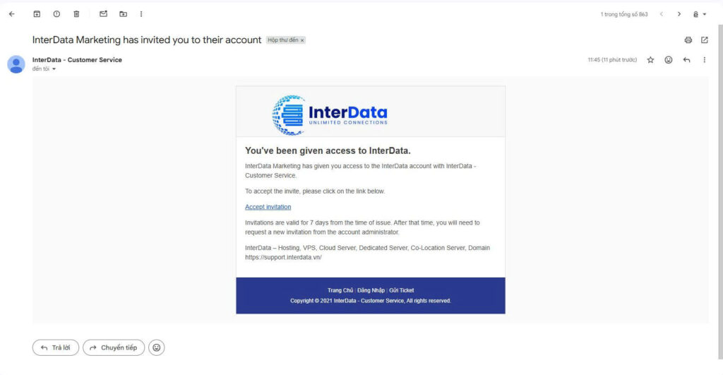 Hướng dẫn cách bổ sung tài khoản quản trị tại InterData 6 Email quản trị nhận được
