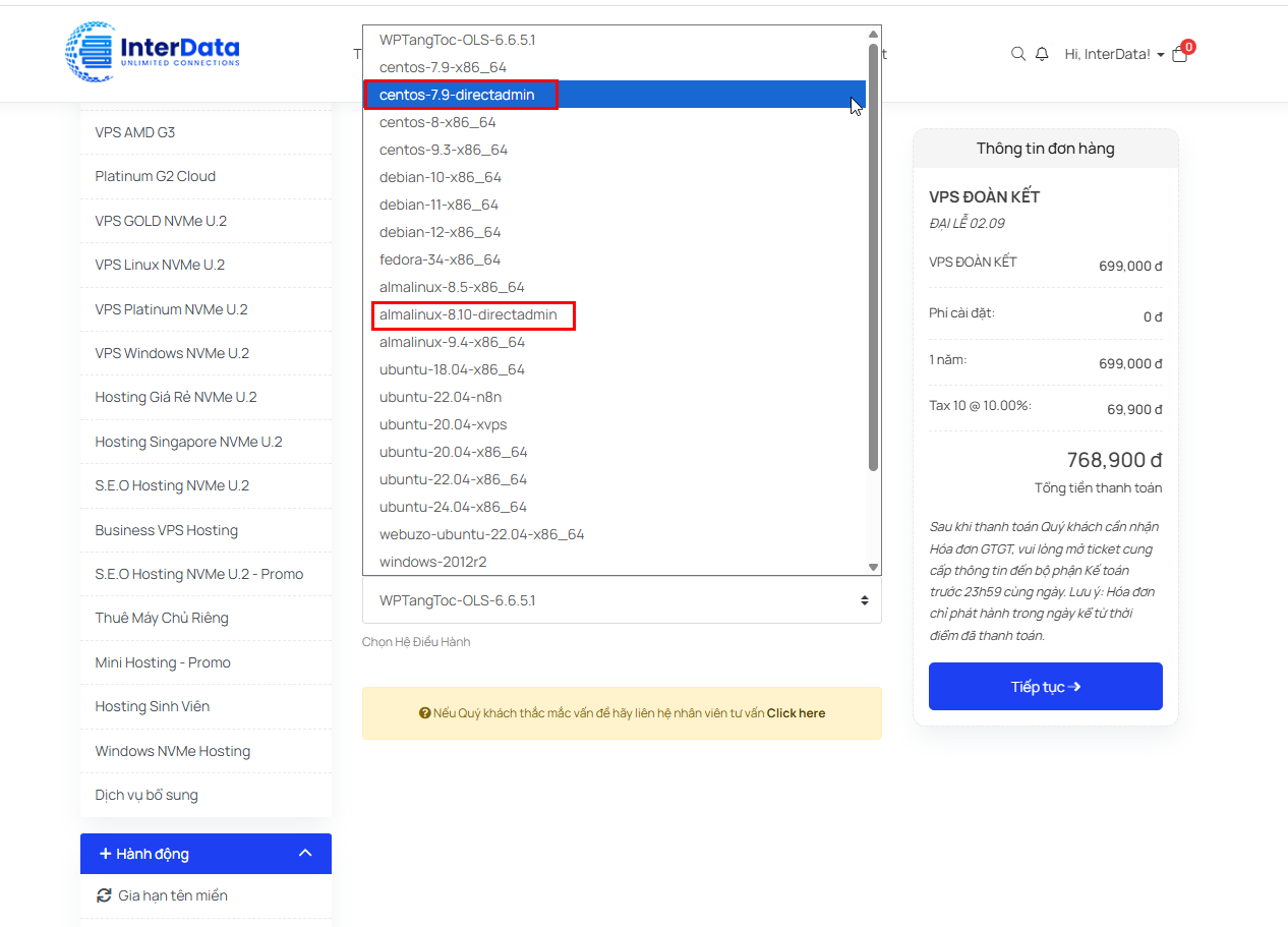 Giao diện chọn OS template tích hợp DirectAdmin khi mua VPS tại InterData