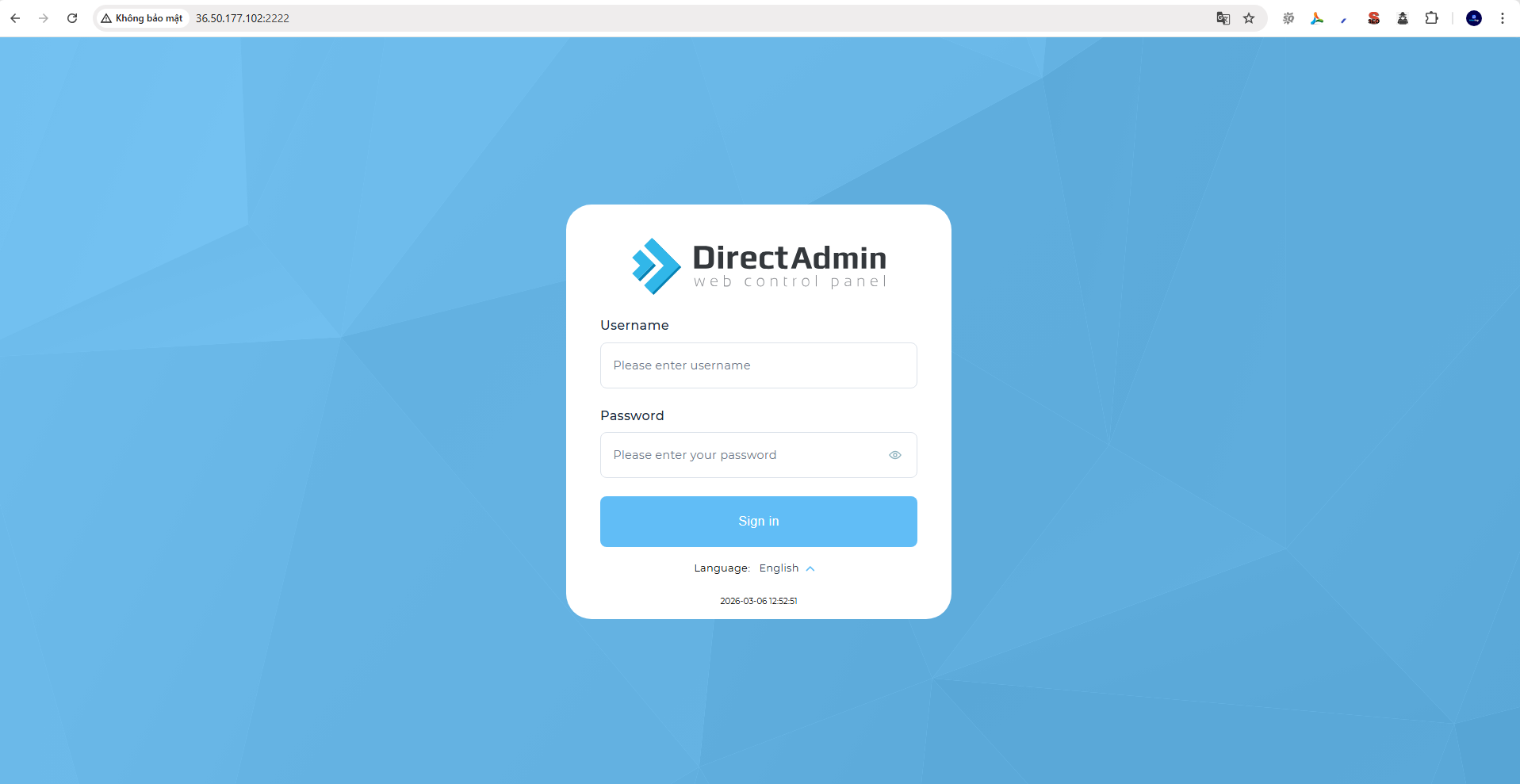 Giao diện đăng nhập DirectAdmin trên trình duyệt web port 6868