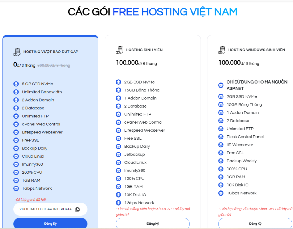 Mua Hosting Giá Rẻ Cho Sinh Viên Ở Đâu? Miễn Phí 100% & Trả Phí 4 Hosting free, trả phí InterData