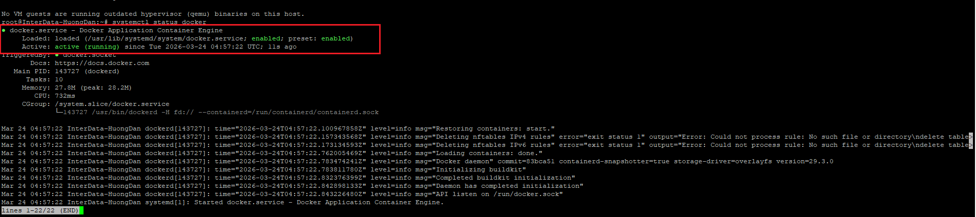 Màn hình terminal khi cài đặt Docker thành công
