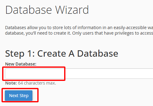 Quản lý database trên cPanel: tạo MySQL DB, tạo user, cấp quyền,... đầy đủ 2 Nhập New Database và nhấn next step