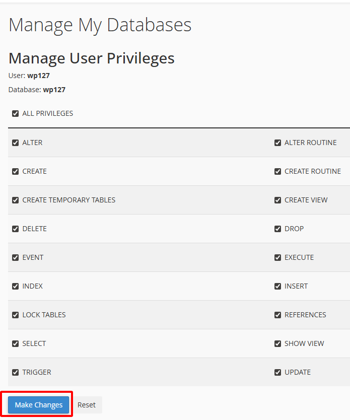 Quản lý database trên cPanel: tạo MySQL DB, tạo user, cấp quyền,... đầy đủ 6 Thay đổi quyền sau khi đã cấp
