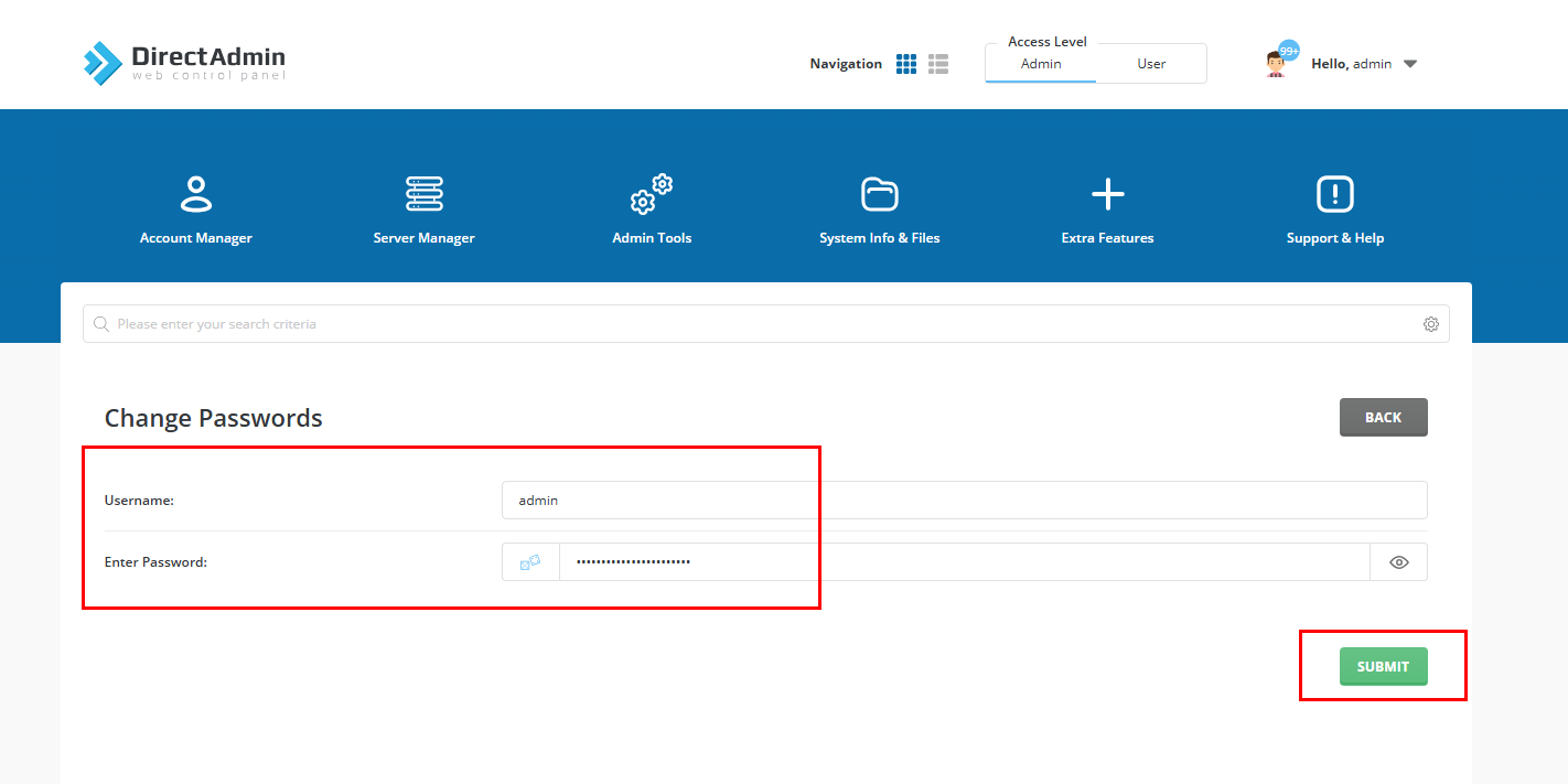 Thay đổi username, password và submit thông tin mới